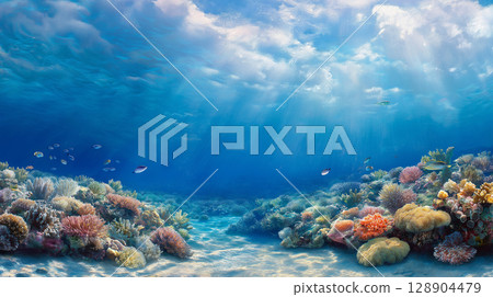 Vibrant coral reef with colorful fish and sunlight rays Vibrant coral reef with colorful fish and sunlight rays 128904479