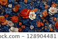 Vibrant floral pattern with blue, orange, and white flowers 128904481