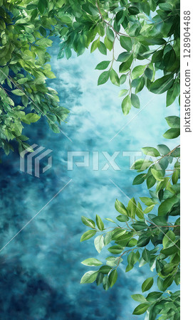 Lush green leaves against serene blue background Lush green leaves against serene blue background 128904488