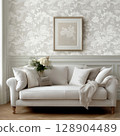 Elegant white sofa with floral decor and soft cushions 128904489