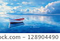 serene boat floating on calm blue waters and clouds 128904490