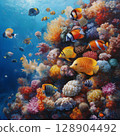 Vibrant coral reef with colorful fish swimming gracefully 128904492