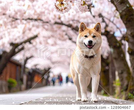 櫻花樹和Shiba Inu 128904667