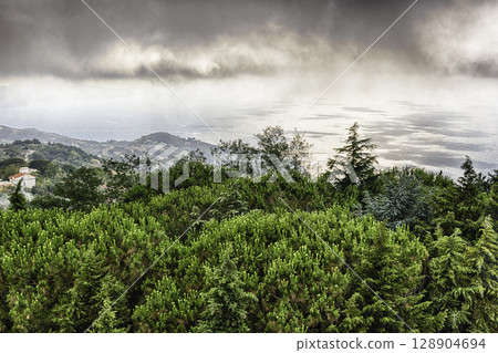 Aerial view of the coastline of Sorrento Peninsula, Italy 128904694