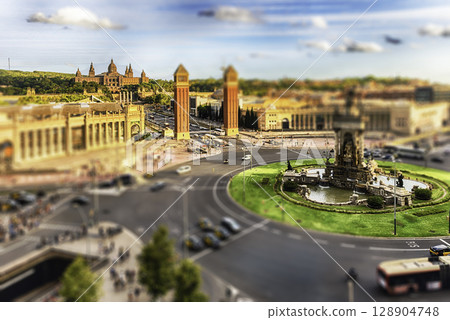 Aerial view of Placa d'Espanya, landmark in Barcelona, Catalonia, Spain 128904748