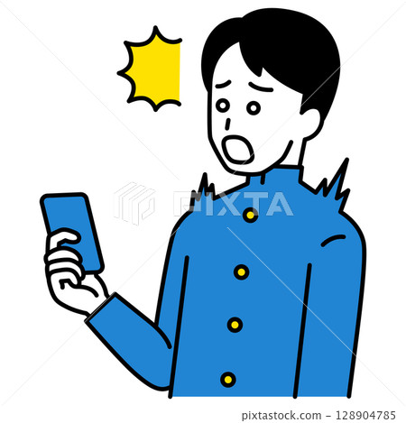 A male student is surprised at the screen of his smartphone 128904785