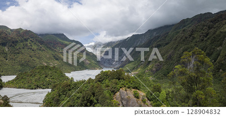 Franz Josef Glacier as seen from Sentinel Rock in Westland National Park, New Zealand 128904832