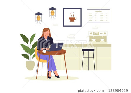 Freelancer Woman Working from Cafe with Laptop Freelancer Woman Working from Cafe with Laptop 128904929