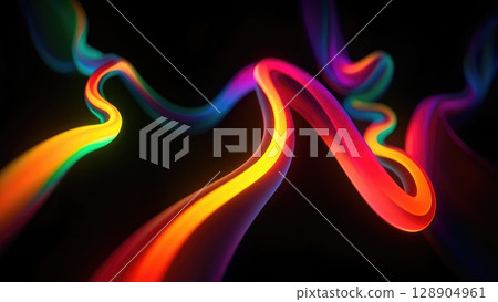 Vibrant dark background with flowing neon lines in red, orange, blue, and purple, creating a dynamic and energetic abstract pattern. Generative AI 128904961