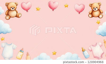 Pink baby-themed card with hearts, bottles, bears, and clouds. Soft and cute background for baby shower or greeting. Generative AI. 128904968