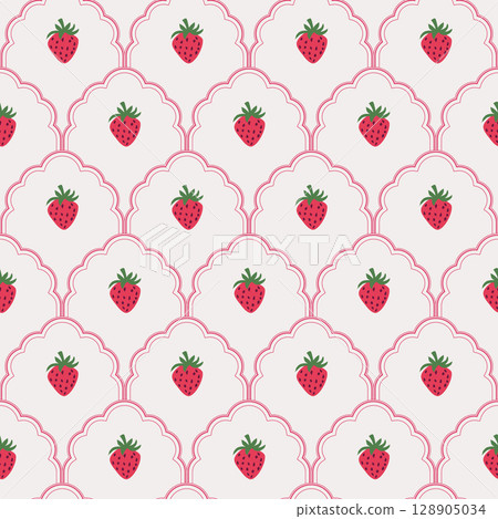 Whimsy Strawberry scallop seamless pattern with cute berry details. Vertical pink red Valentine romantic napkin borders cottage core background. 128905034
