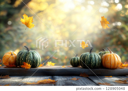 Autumn background with pumpkins and maple leaves on wooden table. 128905048