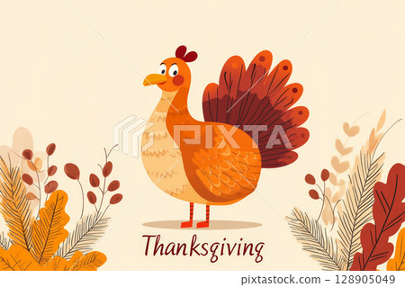 Thanksgiving card with turkey and leaves. Flat illustration in cartoon style. 128905049