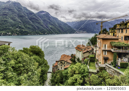 Scenic landscape over the Lake Como from Bellano town, Italy 128905083