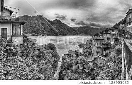Panoramic view over the Lake Como from Bellano town, Italy Panoramic view over the Lake Como from Bellano town, Italy 128905085