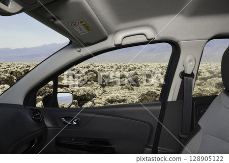 Car window view of Devil's Golf Course, Death Valley, USA 128905122