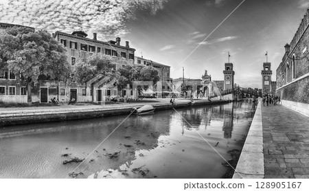 The scenic entrance to the Venetian Arsenal, Venice, Italy 128905167
