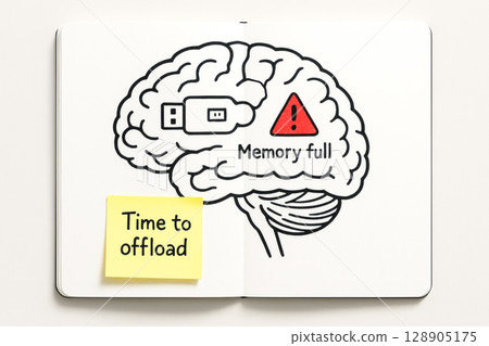 Brain Sketch With Memory Full Alert And USB Symbol In Notebook For Mental Overload Concepts, Digital Detox Campaigns, Productivity Burnout Visuals, And Wellness Lifestyle Content 128905175