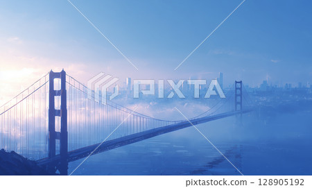 籠罩在晨霧中的金門大橋：神奇的舊金山黎明 128905192