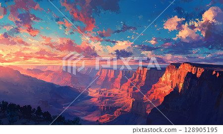 Grand Canyon: A fiery symphony of sky and earth 128905195