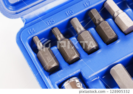 part of A set of single-sided chrome steel bits in a blue plastic box  128905332