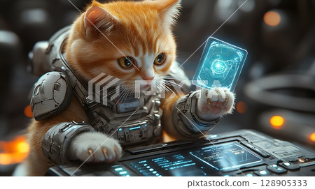 A furry orange kitten wears a futuristic metallic suit and holds a glowing blue data card over an illuminated control panel. 128905333