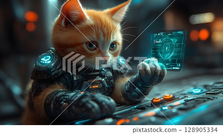 A cute ginger kitten in futuristic cybernetic armor examines a glowing holographic display, intently studying advanced digital information. 128905334