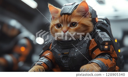 An orange cat wears a detailed futuristic space armor suit, looking forward with bright eyes in a sci-fi environment. An orange cat wears a detailed futuristic space armor suit, looking forward with bright eyes in a sci-fi environment. 128905340