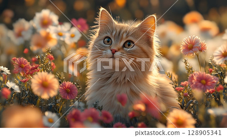 A fluffy orange cat sits peacefully among bright wildflowers under golden sunlight, gazing upward. 128905341