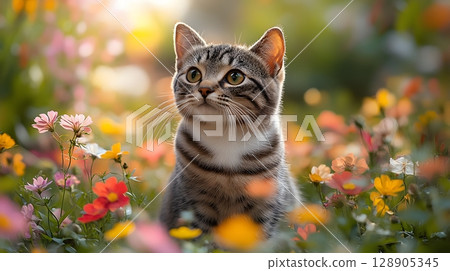 A striped cat sits alertly among blooming colorful flowers, looking upwards into the soft golden sunlight of a serene garden. 128905345