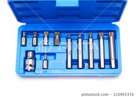 A set of single-sided chrome steel bits in a blue plastic box  128905358