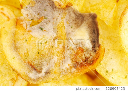 rotten potato chips. potato chips with spices. close up. 128905423
