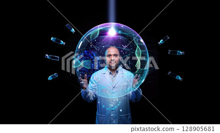 Futuristic man holding a glowing orb with floating screens and data. Sci-fi concept of AI, digital power, and future intelligence. Generative AI. 128905681