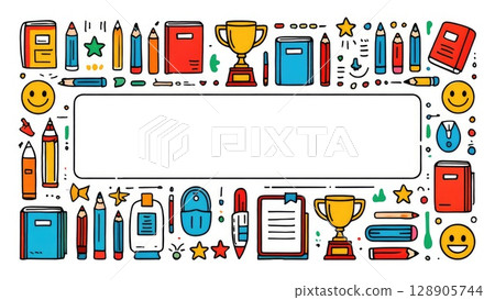 Bright and cheerful school-themed background with colorful icons of books, pencils, backpacks, rulers, and trophies. Fun for kids and education. Generative AI. 128905744