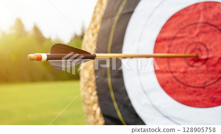 Closeup of a bullseye target with an arrow perfectly hitting the center, symbolizing focus, precision, and success in business or sports goals. Generative AI 128905758