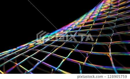 Futuristic grid made of colorful neon lines on a black background, creating a 3D wireframe mesh illusion. Tech and digital vibe. Generative AI. 128905759