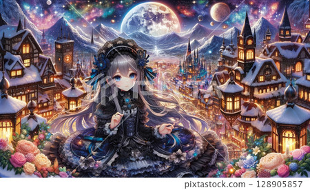 A girl in a Gothic Lolita style black dress. A snowy winter town and a full moon 128905857