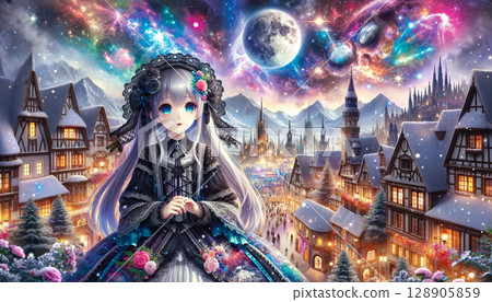 A young woman in a Gothic Lolita style black dress. A snowy winter cityscape and a full moon 128905859