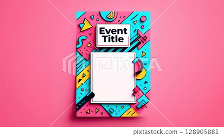 Bright retro-style vertical card with space for event title. Colorful geometric shapes and 90s aesthetics give it a fun and playful tone. Generative AI. 128905881