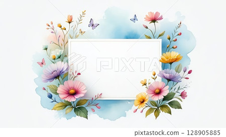Bright floral frame with soft petals and watercolor-style background. Designed for invitations, romantic notes, or spring themes. Generative AI. 128905885
