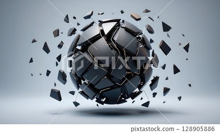 Black sphere shattering into fragments on a minimal light background, symbolizing impact or disruption. Generative AI. 128905886