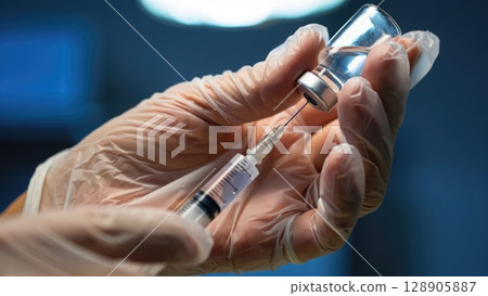 Gloved hands holding a medical syringe, preparing for an injection with sterile background. Generative AI. 128905887