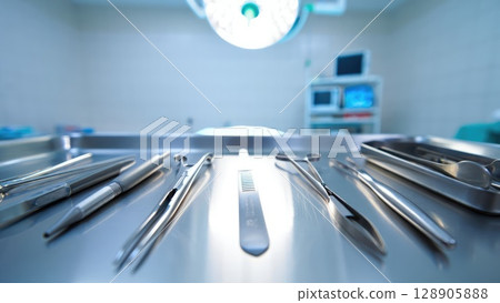 Brightly lit modern operating room with surgical instruments neatly arranged on sterile table. Generative AI.. 128905888