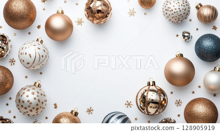 Gold Christmas tree toys on white background. Clipart with balls for text . Wallpaper for design 128905919