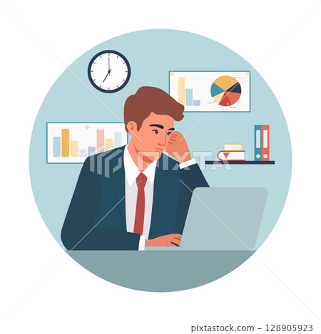 Businessman working on laptop in office with charts in background, analyzing data and planning. Businessman working on laptop in office with charts in background, analyzing data and planning. 128905923