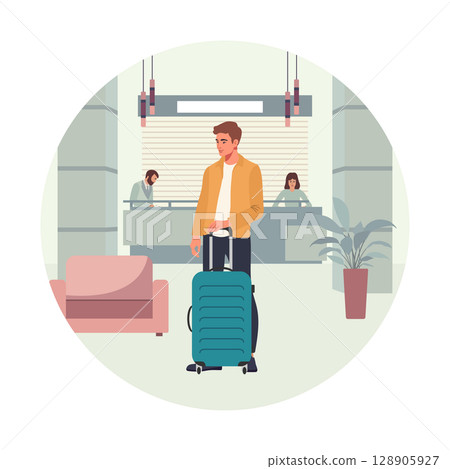 Man with suitcase at hotel reception desk, travel concept in circular background 128905927