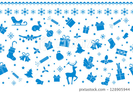 Christmas-themed pattern in blue with gifts, snowflakes, reindeer, and festive decorations Christmas-themed pattern in blue with gifts, snowflakes, reindeer, and festive decorations 128905944