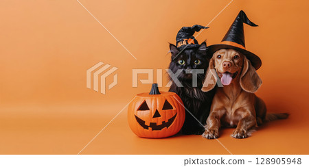 Cute black cat and dog in witch hat with pumpkin on orange background. Halloween concept 128905948