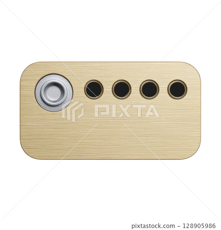 Rectangular, metallic, gold colored object with brushed texture features circular button on left and four smaller circular holes on right. design is sleek and modern Rectangular, metallic, gold colored object with brushed texture features circular button on left and four smaller circular holes on right. design is sleek and modern 128905986