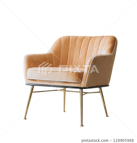 Stylish, modern armchair with plush, velvet upholstery in warm, tan color and sleek metal legs, perfect for adding elegance to any living space 128905988